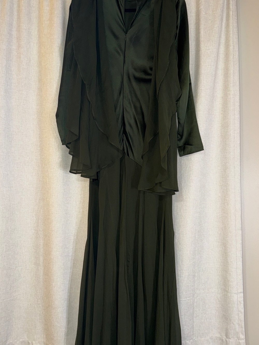 ASOS Cape Detail Ruffle Chiffon Satin Mix Maxi Dress in Dark Green - Picture 5 of 5